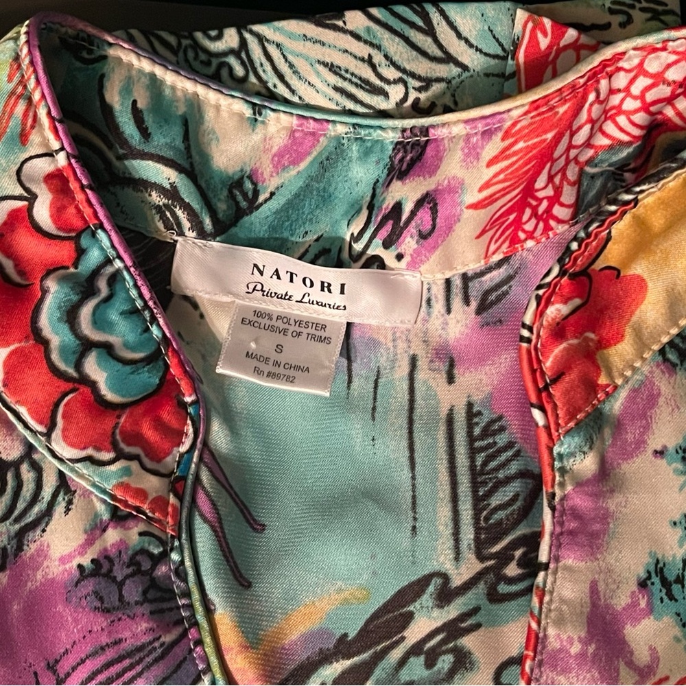 Satin NATORI Button Mandarin Collar Geisha Asian Dragon Print Long Sleeve Top S - Picture 6 of 6